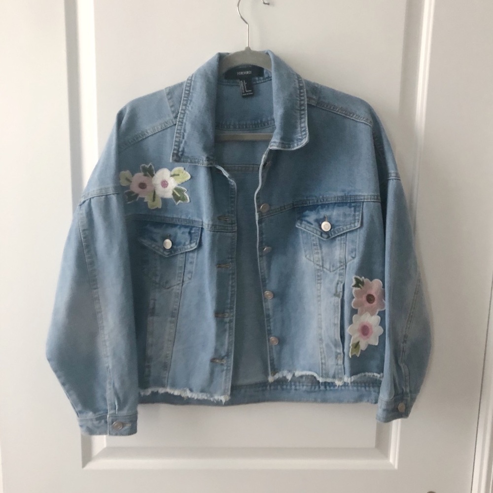 Denim Floral Patchwork Bomber Jean Jacket